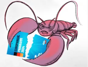 Ein Flusskrebs zerreißt das Wahlprogramm der AfD mit seinen Scheren. Eine Anspielung darauf, dass AfD-Spitzenkandidat Maximilian Krah Feminismus und den Sozialstaat als "Krebs" bezeichnet.